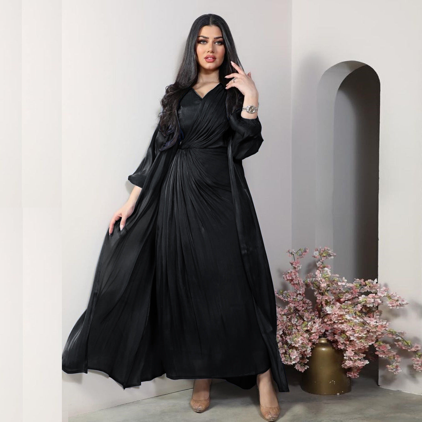 Morocco Party Dress Women Abaya 2 Piece Set Silky Satin Dubai Muslim Dresses Eid Caftan Evening Long Robe Vestidos Abayas Robe