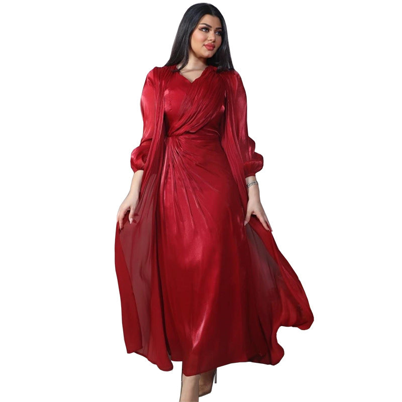 Morocco Party Dress Women Abaya 2 Piece Set Silky Satin Dubai Muslim Dresses Eid Caftan Evening Long Robe Vestidos Abayas Robe