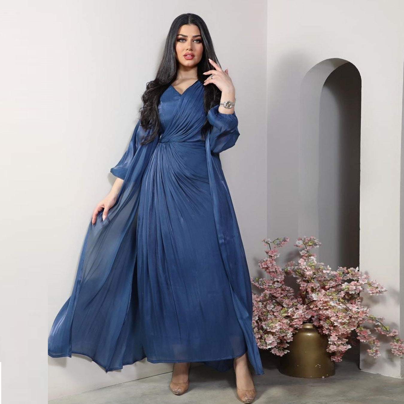 Morocco Party Dress Women Abaya 2 Piece Set Silky Satin Dubai Muslim Dresses Eid Caftan Evening Long Robe Vestidos Abayas Robe