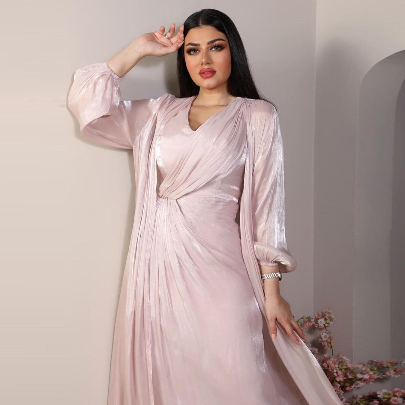 Morocco Party Dress Women Abaya 2 Piece Set Silky Satin Dubai Muslim Dresses Eid Caftan Evening Long Robe Vestidos Abayas Robe