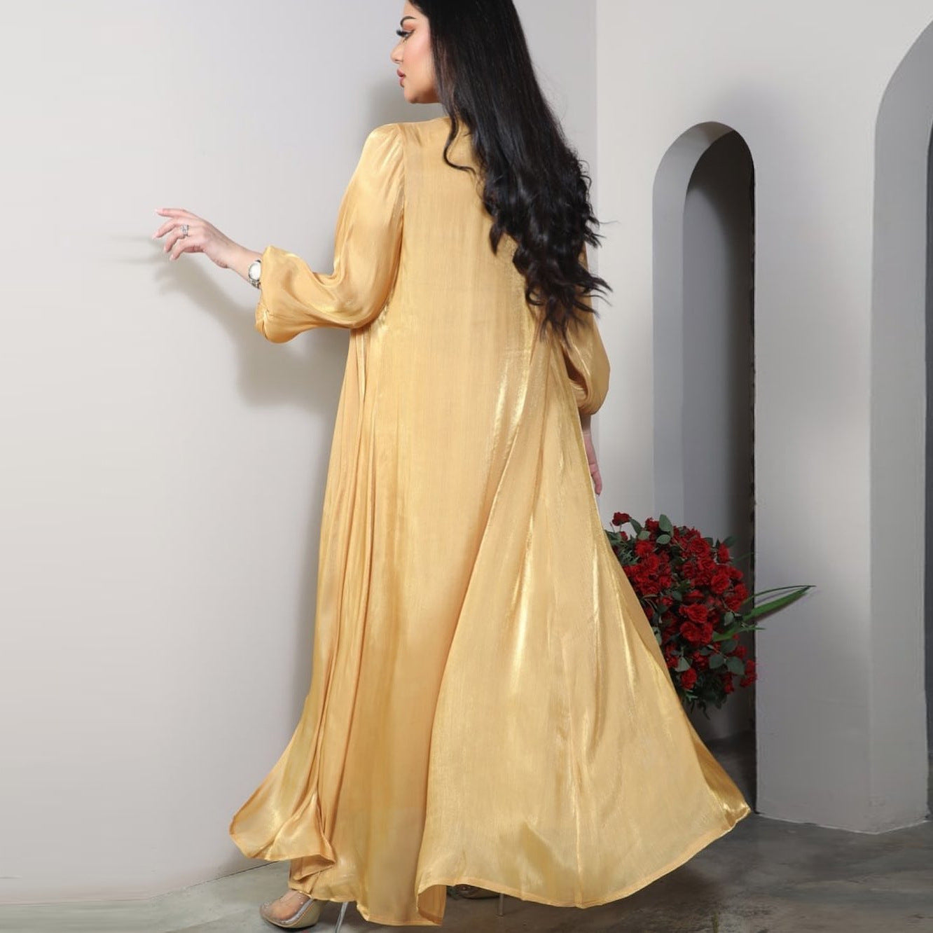 Morocco Party Dress Women Abaya 2 Piece Set Silky Satin Dubai Muslim Dresses Eid Caftan Evening Long Robe Vestidos Abayas Robe