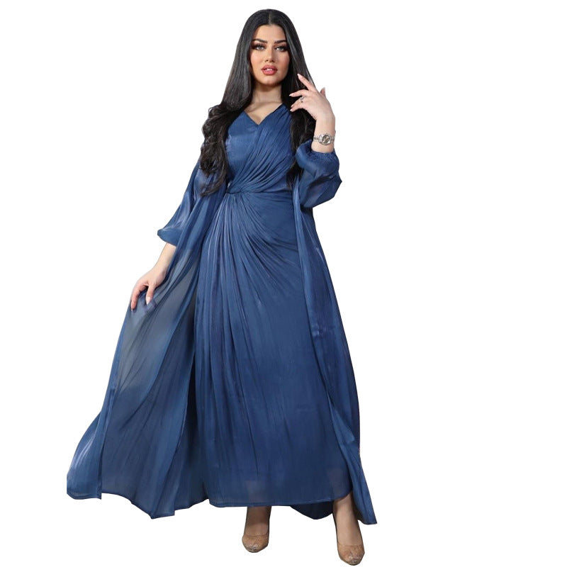 Morocco Party Dress Women Abaya 2 Piece Set Silky Satin Dubai Muslim Dresses Eid Caftan Evening Long Robe Vestidos Abayas Robe