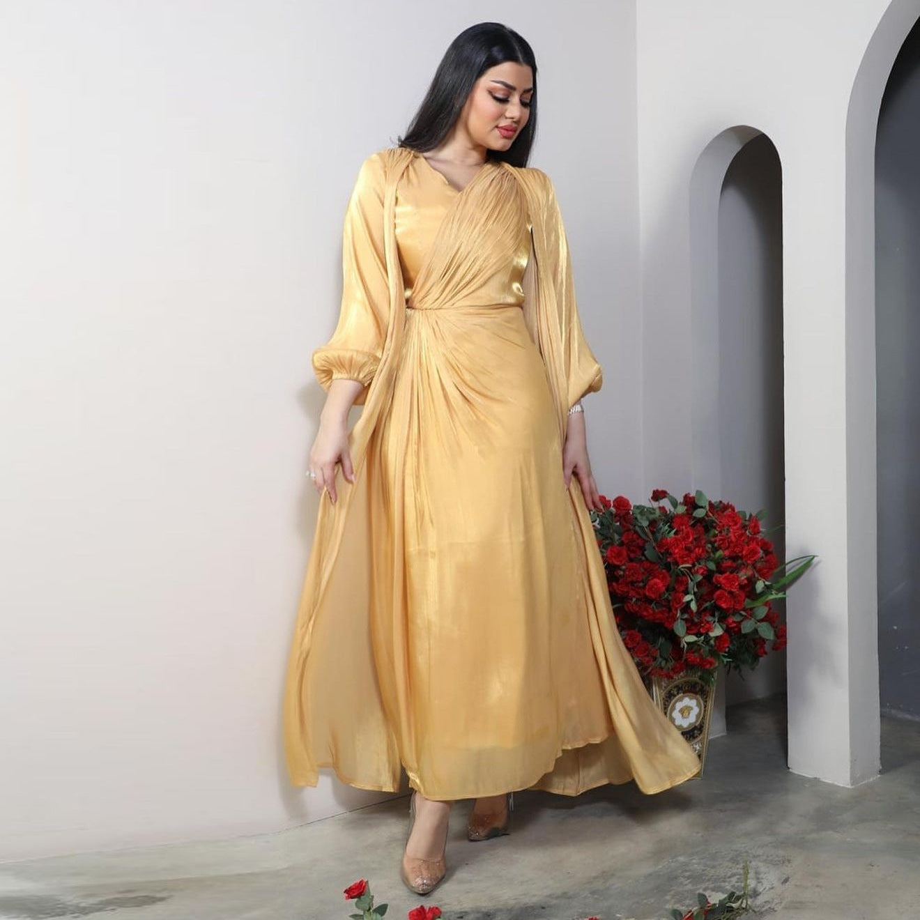 Morocco Party Dress Women Abaya 2 Piece Set Silky Satin Dubai Muslim Dresses Eid Caftan Evening Long Robe Vestidos Abayas Robe