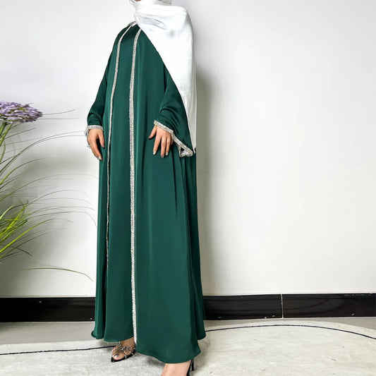 Diamonds Decorations High Quality Shiny Satin Abaya Set for Women, Sleeveless Dress, Satin Shawl Scarf, Muslim Outfit, Ramadan