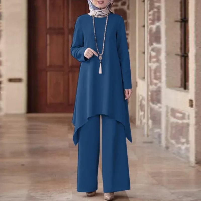 Ramadan Muslim Women Two Piece Sets Shirt &Pants Solid Suits Shirt Blouse Musulman Ensembles Moroccan Kaftan Islamic Dress Sets