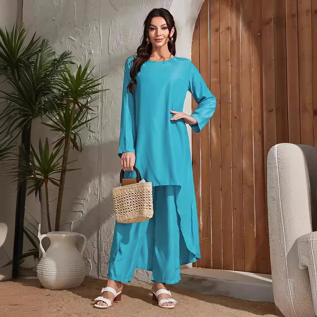 Women's Muslim Two Piece Set Fashion Elegant Solid Colour Irregular Long Dress Top Wide Leg Pants Robe Abaya Muslim Woman Dubai