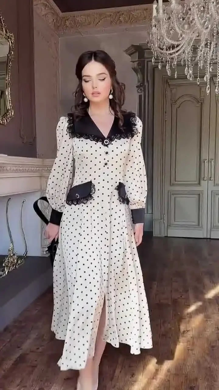 Eid Muslim Vestidos Women Polka Dot Print Dress Lace Splice Long Robe Jalabiya Ramadan Morocco Dubai Kaftan Arab Islam Abaya