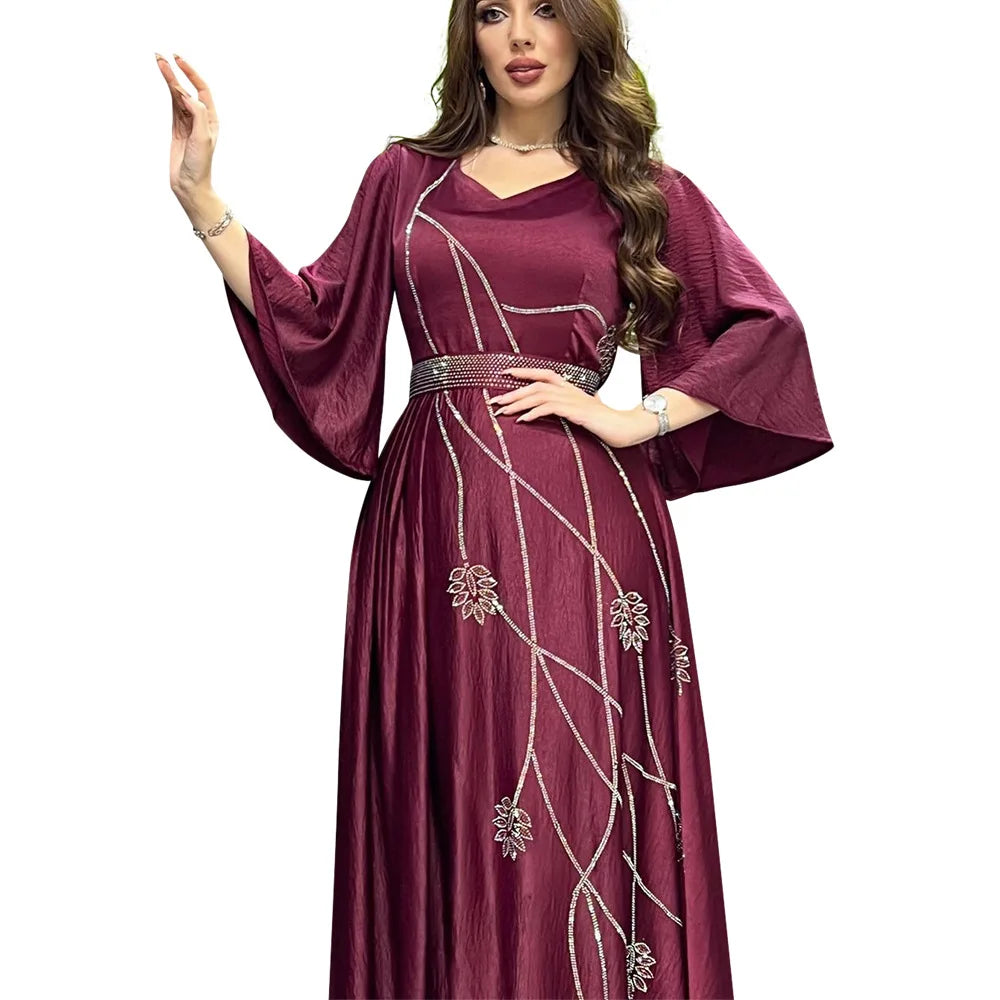 Turkey Muslim Dress Women Abaya Diamond Lace-up Party Dresses Moroccan Kaftan Ensemble Femme Musulmane  Hijab Vestidos