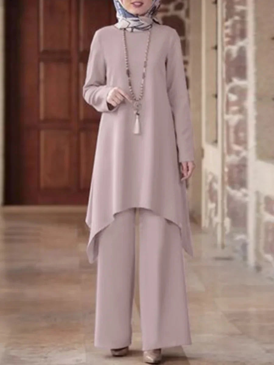 Ramadan Muslim Women Two Piece Sets Shirt &Pants Solid Suits Shirt Blouse Musulman Ensembles Moroccan Kaftan Islamic Dress Sets