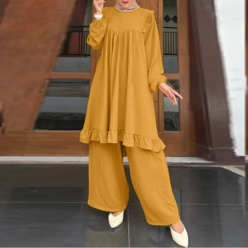 Ramadan Eid Muslim Two Piece Set Shirt &Pants Women Suits Shirt Blouse Musulman Ensembles Moroccan Kaftan 2025 Dress Sets