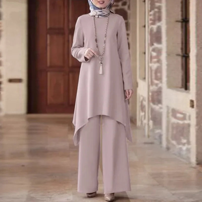 Ramadan Muslim Women Two Piece Sets Shirt &Pants Solid Suits Shirt Blouse Musulman Ensembles Moroccan Kaftan Islamic Dress Sets