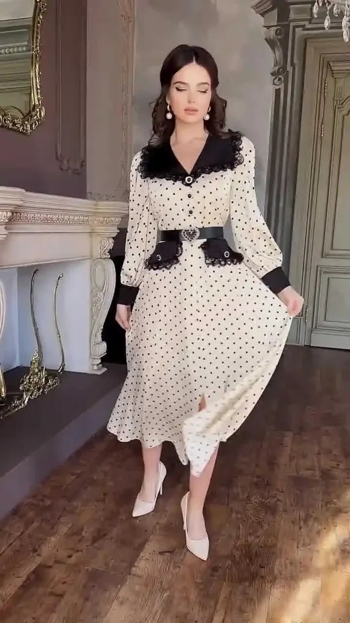 Eid Muslim Vestidos Women Polka Dot Print Dress Lace Splice Long Robe Jalabiya Ramadan Morocco Dubai Kaftan Arab Islam Abaya