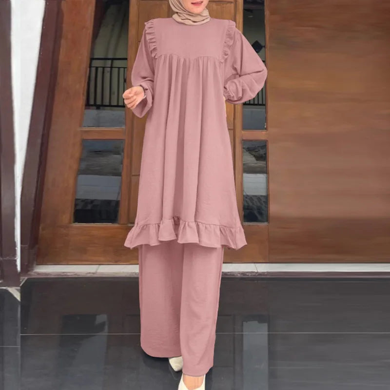 Ramadan Eid Muslim Two Piece Set Shirt &Pants Women Suits Shirt Blouse Musulman Ensembles Moroccan Kaftan 2025 Dress Sets