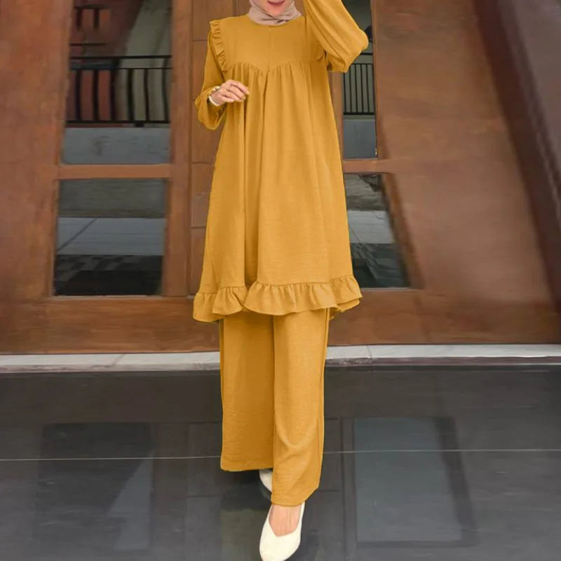 Ramadan Eid Muslim Two Piece Set Shirt &Pants Women Suits Shirt Blouse Musulman Ensembles Moroccan Kaftan 2025 Dress Sets