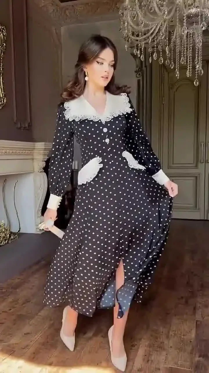 Eid Muslim Vestidos Women Polka Dot Print Dress Lace Splice Long Robe Jalabiya Ramadan Morocco Dubai Kaftan Arab Islam Abaya