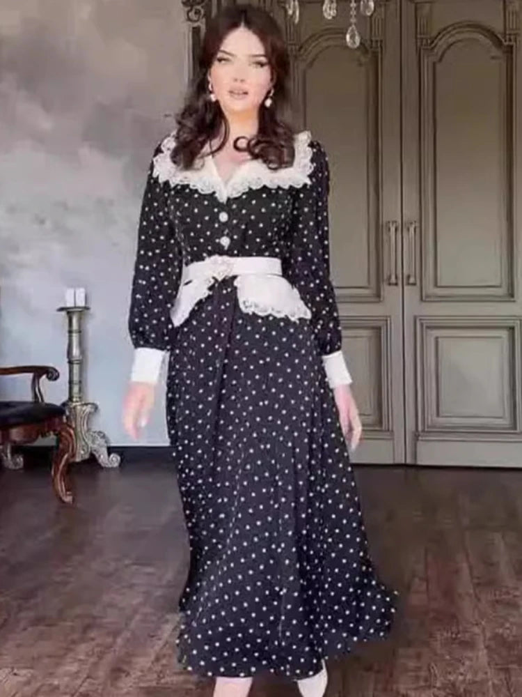 Eid Muslim Vestidos Women Polka Dot Print Dress Lace Splice Long Robe Jalabiya Ramadan Morocco Dubai Kaftan Arab Islam Abaya