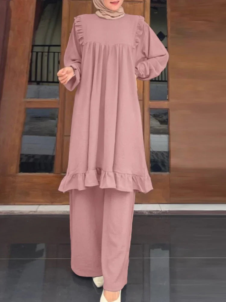 Ramadan Eid Muslim Two Piece Set Shirt &Pants Women Suits Shirt Blouse Musulman Ensembles Moroccan Kaftan 2025 Dress Sets