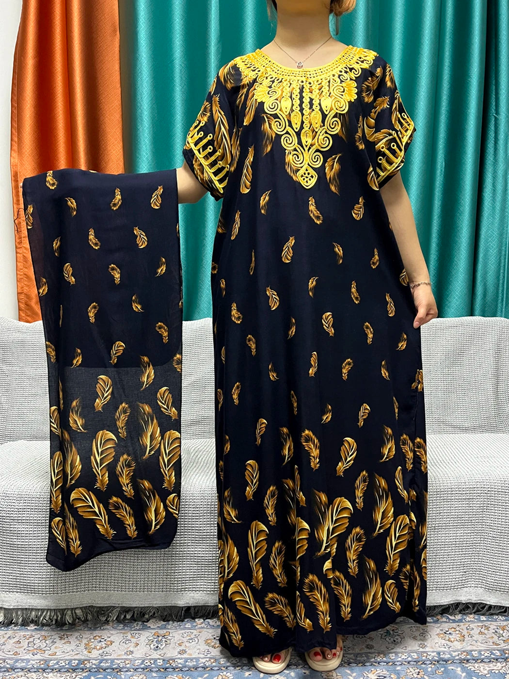 Muslim Abayas For Women 2024 New Cotton Printed Floral Moroccan Caftan African Islam Nigeria Boubou Maxi Dresses With Headscarf