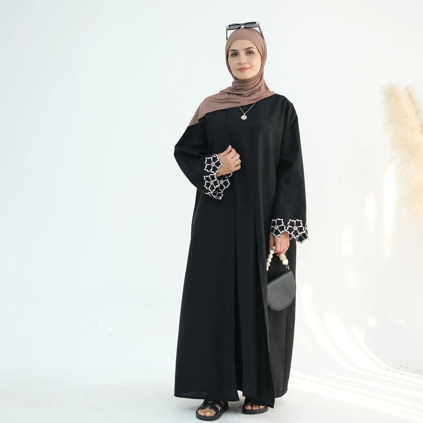 Flower Embroidery Abaya 2 Piece Set for Muslim Women, Sleeveless Dress, Dubai Turkish Islamic Clothing, Hijabi Outfit, Ramadan