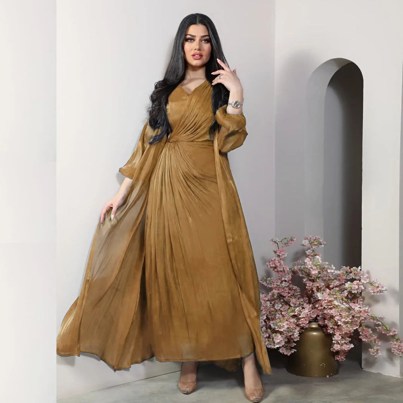 Morocco Party Dress Women Abaya 2 Piece Set Silky Satin Dubai Muslim Dresses Eid Caftan Evening Long Robe Vestidos Abayas Robe