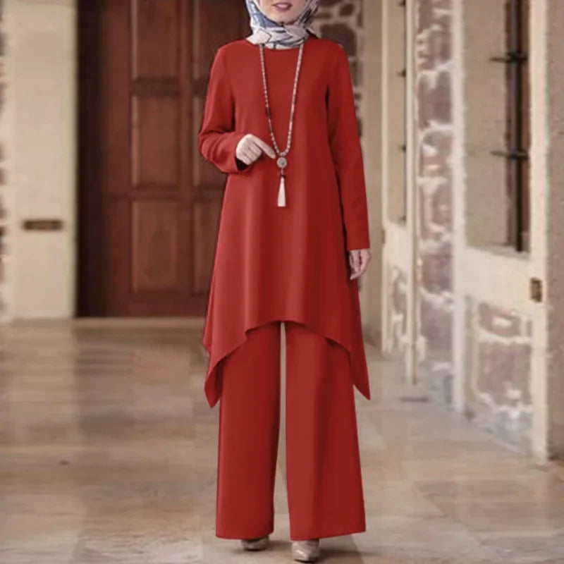 Ramadan Muslim Women Two Piece Sets Shirt &Pants Solid Suits Shirt Blouse Musulman Ensembles Moroccan Kaftan Islamic Dress Sets