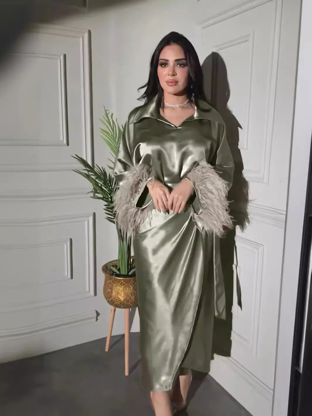 Eid Mubarak Muslim Women Feathers Abaya Laple Neck Tops Wrap Skirt Dress Ramadan Kaftan Islam Vestido Arab Morocco Dubai Vestido