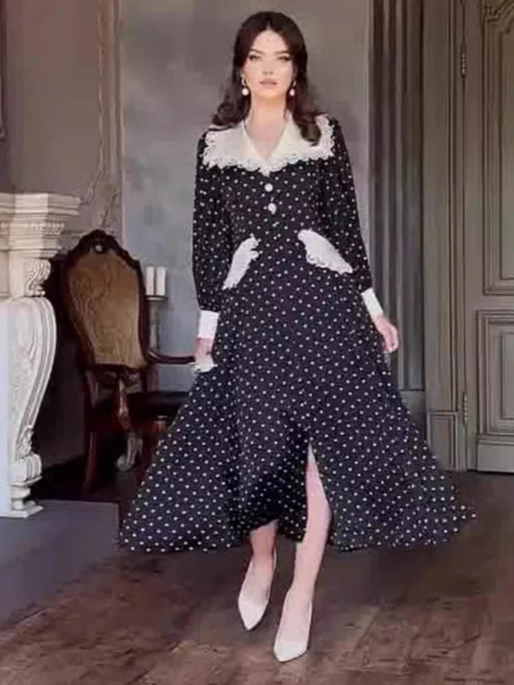 Eid Muslim Vestidos Women Polka Dot Print Dress Lace Splice Long Robe Jalabiya Ramadan Morocco Dubai Kaftan Arab Islam Abaya