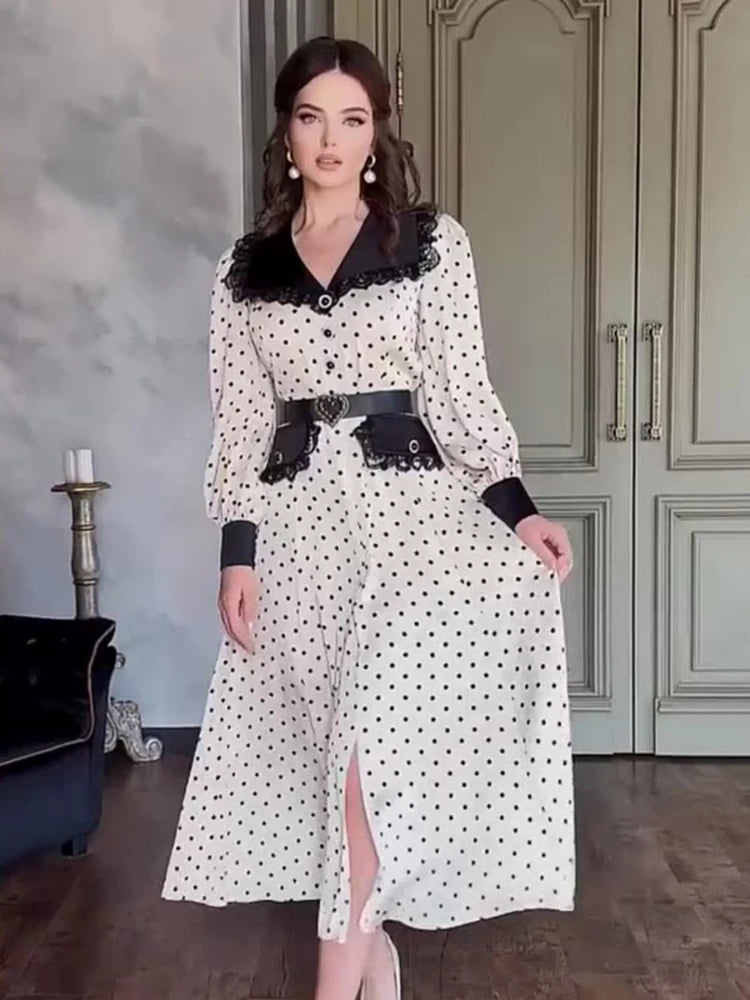 Eid Muslim Vestidos Women Polka Dot Print Dress Lace Splice Long Robe Jalabiya Ramadan Morocco Dubai Kaftan Arab Islam Abaya