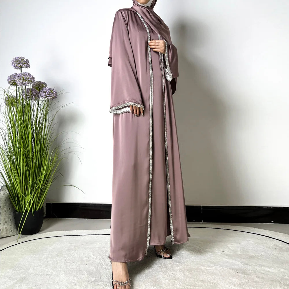 Diamonds Decorations High Quality Shiny Satin Abaya Set for Women, Sleeveless Dress, Satin Shawl Scarf, Muslim Outfit, Ramadan