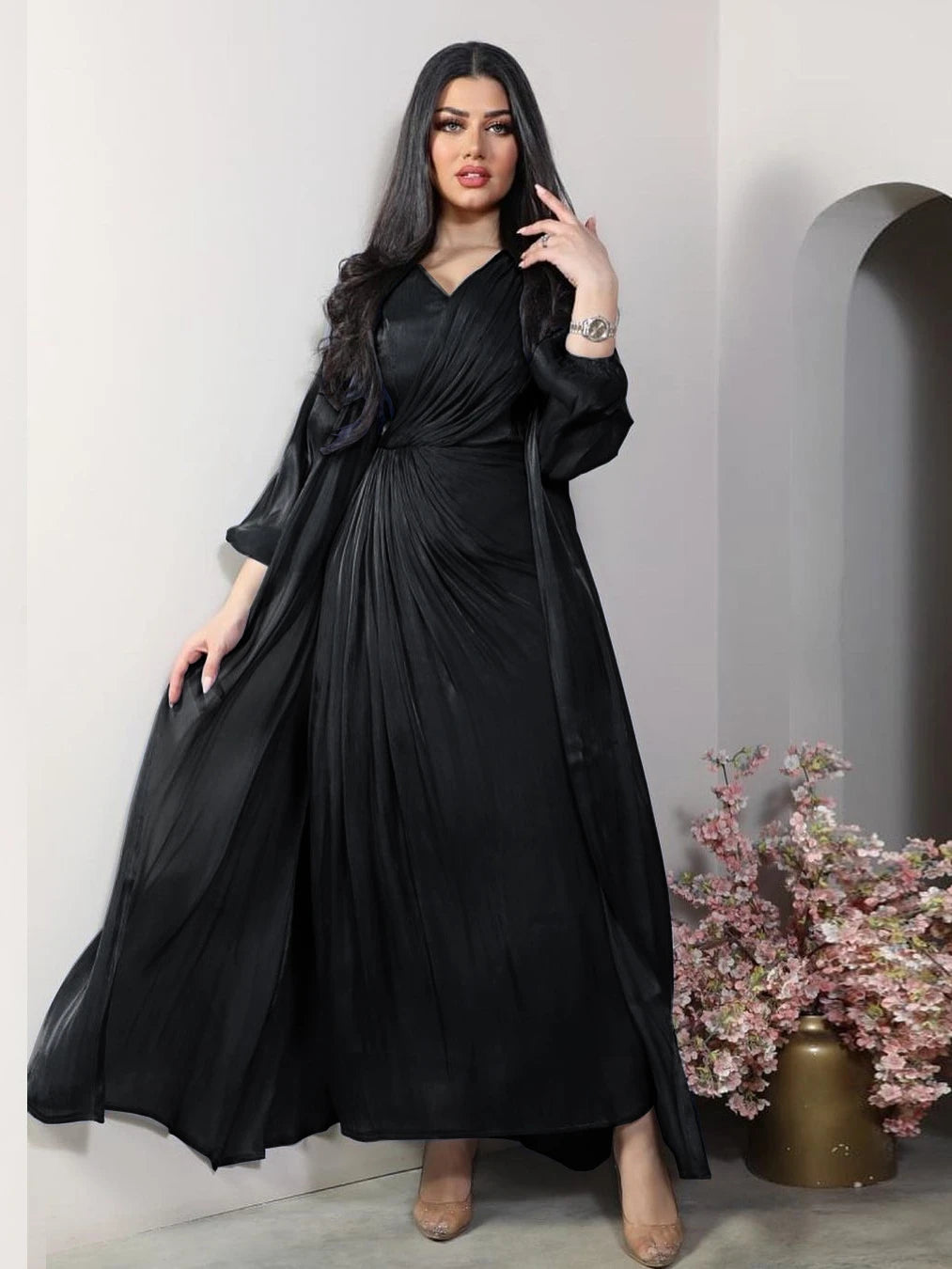 Morocco Party Dress Women Abaya 2 Piece Set Silky Satin Dubai Muslim Dresses Eid Caftan Evening Long Robe Vestidos Abayas Robe