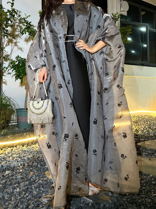 Eid Muslim 2 Piece Set Women Party Dresses Flower Open Abayas Ramadan Morocco Kaftan Party Vestidos Jalabiya Arab Long Robe 2025